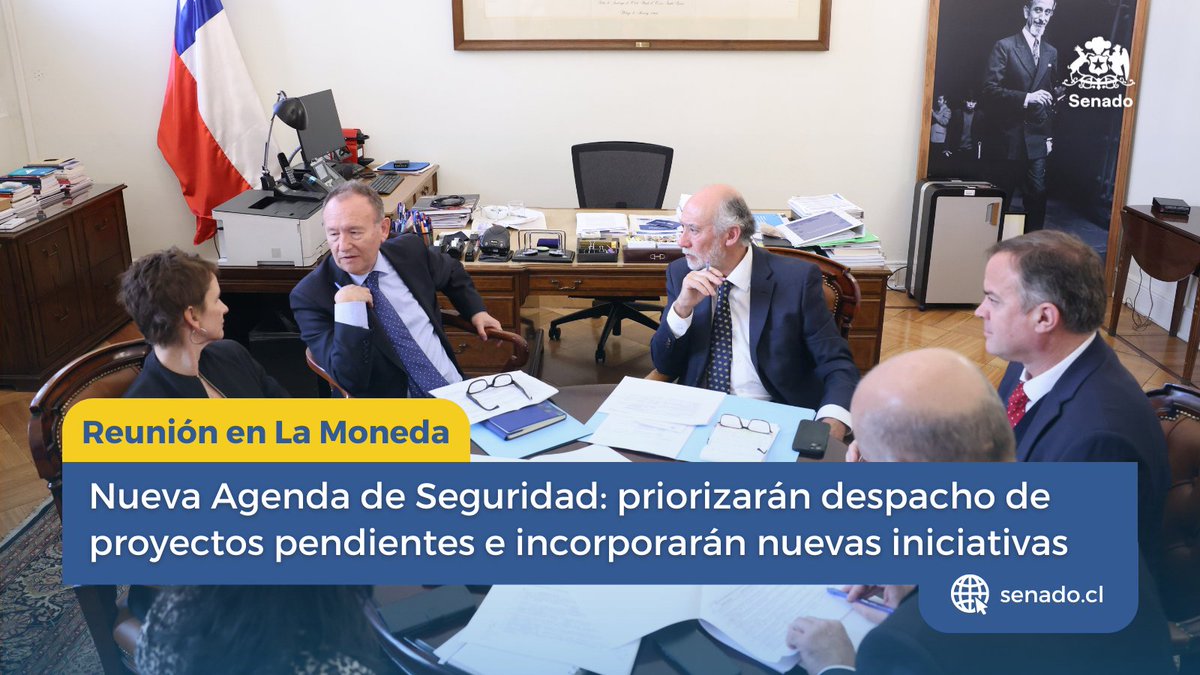 📋La Mesa del Senado liderada por su presidente, @jgarciaruminot y el vicepresidente @matiaswalkerp, junto al senador @ifloressenador, presidente de la Comisión de Seguridad, se reunieron con los Ministros del @min_interior y @Segpres, con el objeto de avanzar en una Nueva Agenda…