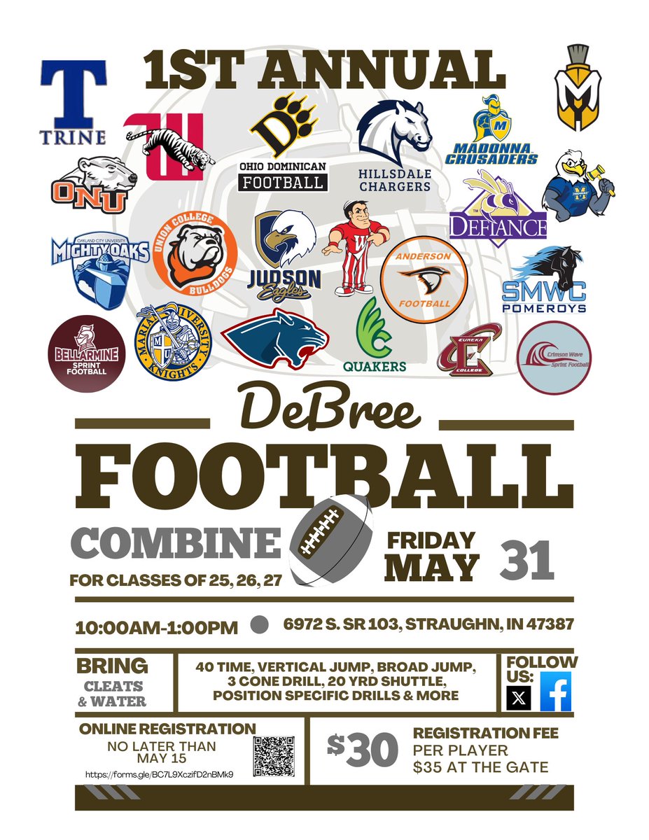 We have now highlighted all of the great colleges that are going to be at the DeBree Football Combine. If you are a college and would like to be added to this event, let me know. Also do not miss the opportunity to be seen! Register: forms.gle/BC7L9XczifD2nB… @LippertScouting