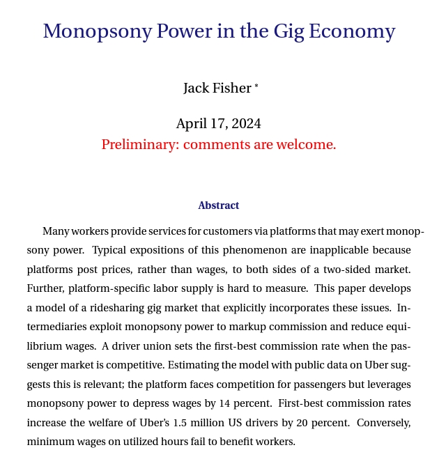 Uber faces significant competition for passengers. However, it leverages its significant monopsony power to depress wages by an estimated 14 percent. jackwfisher.com/monop_ride.pdf