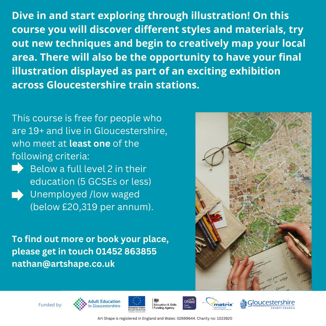 Dive in and start exploring through illustration! On this course you will discover different styles and materials. Learn Online via Google Classrooms book your place, 01452 863855 or email nathan@artshape.co.uk #ArtShape #Local #Glos #Exhibition #IllustratedMaps #Illustration