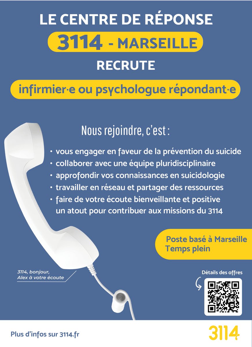 ✍️ RECRUTEMENT : on recrute au poste d'infirmier DE ou psychologue au centre répondant du 3114 à Marseille ! Pour plus de détails, c'est par ici 👉 urlr.me/zwqxJ