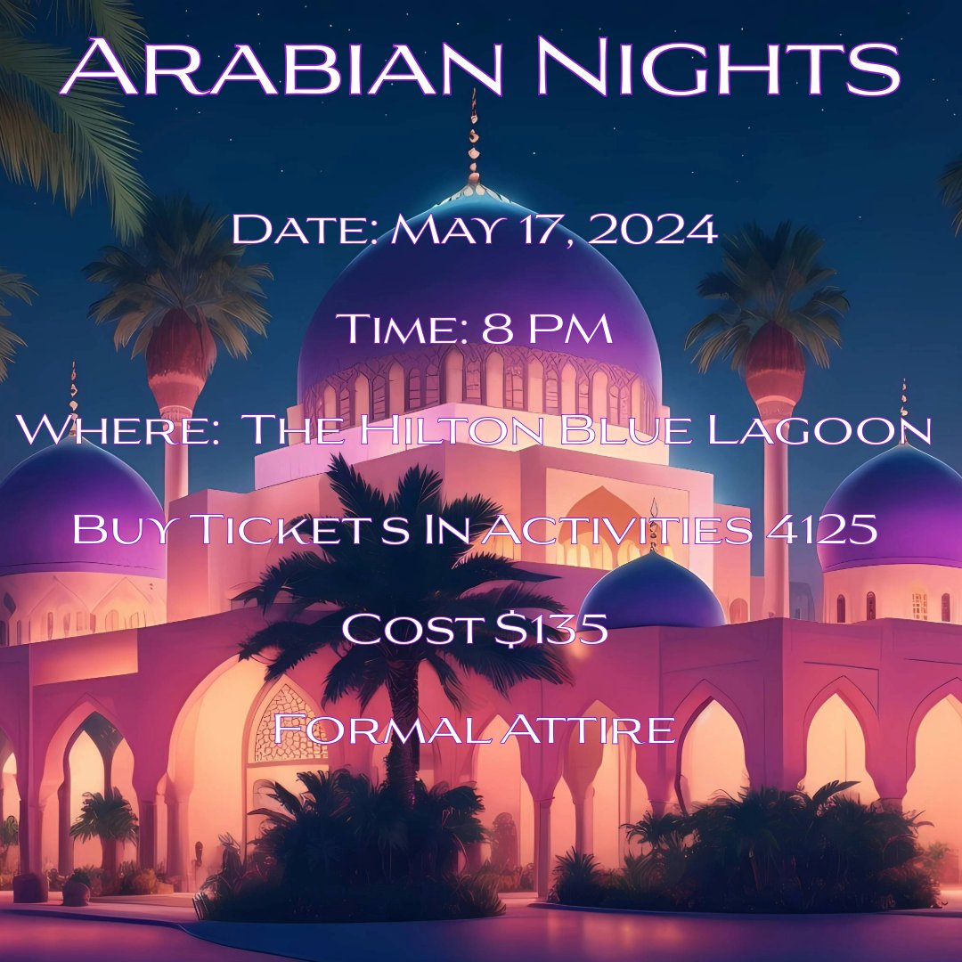 Arabian Nights on 5/17/24 for the Braddock Prom 🎟️Tickets are $135 Purchase in Activities RM 4125. ID is required to buy tickets. 🎵 If you bring a date from another school, you must pick up an approval form for non-Braddock students. @SuptDotres @MDCPSSouth @MDCPS