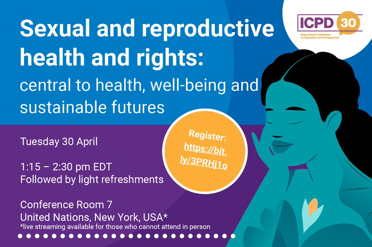 Join us for an #ICPD30 event!

30 April at 1:15 PM EDT at the UN in NYC

Sexual and reproductive health and rights: central to health, well-being and sustainable futures

Register to attend in person: bit.ly/3PRHj1o