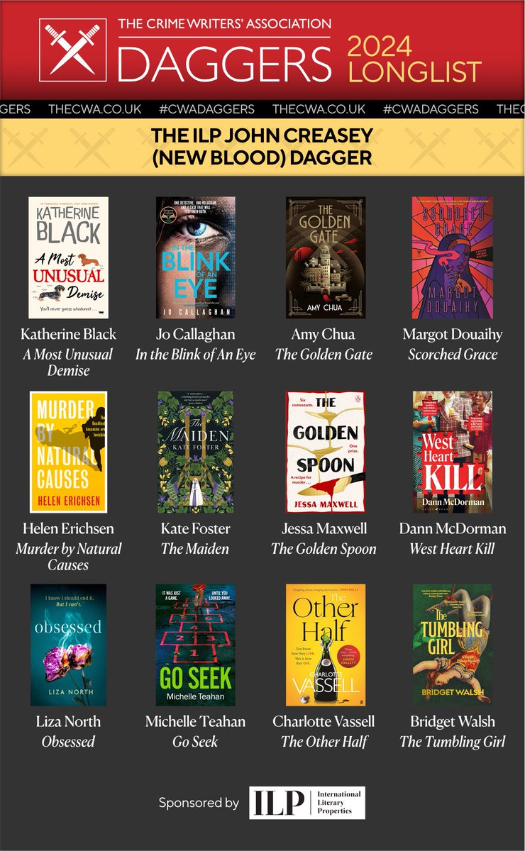 Big congratulations to everyone on the @The_CWA Daggers longlists, especially these New Blood Dagger superstars. And a shout out to @bridget_walsh1 @JoCallaghanKat and @hjderichsen, three original and cracking debuts I loved last year 🗡️🗡️🗡️ #CWADaggers