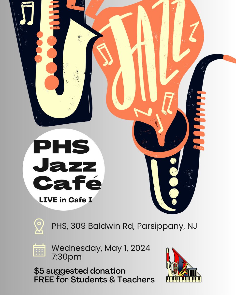 Parsippany HS Bands (@phsbands) on Twitter photo Join us for our annual Jazz Café on Wednesday, May 1! Come hear our talented students and see how we turn our cafeteria into a nightclub! 🎷🎵🎺🎸😎🎹🥁🎶 <a href="/NAfME/">nafme</a> <a href="/ArtsEdNJ/">Arts Ed NJ</a> <a href="/mrsc_vpa/">Mrs. Caravano</a> <a href="/PHS_GoodDay/">PHS Principal</a> <a href="/PTHBOEJoni/">Joni Benos</a> #Parsippany #JAM #Jazz #LiveMusic #ArtsEdNow Join us for our annual Jazz Café on Wednesday, May 1! Come hear our talented students and see how we turn our cafeteria into a nightclub! 🎷🎵🎺🎸😎🎹🥁🎶 <a href="/NAfME/">nafme</a> <a href="/ArtsEdNJ/">Arts Ed NJ</a> <a href="/mrsc_vpa/">Mrs. Caravano</a> <a href="/PHS_GoodDay/">PHS Principal</a> <a href="/PTHBOEJoni/">Joni Benos</a> #Parsippany #JAM #Jazz #LiveMusic #ArtsEdNow