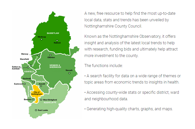 New Notts data and local insight website is launched nottinghamshire.gov.uk/newsroom/news/… from @NottsCC Nottinghamshire Observatory observatory.nottinghamshire.gov.uk 'Developed by ESRI' – but local to me, so I'm grudgingly tweeting it. All BI/dashboard stuff, but based on #opendata from @ONS et al.