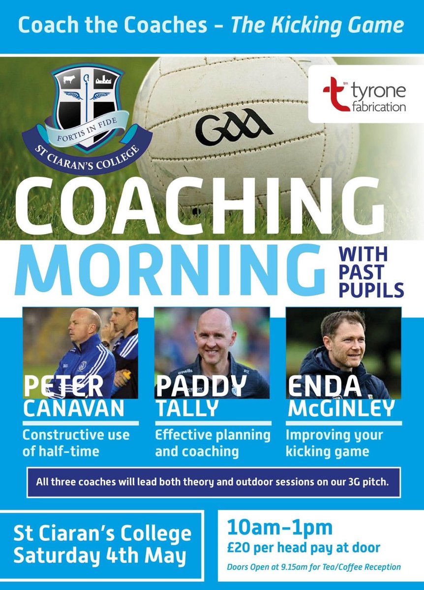 St. Ciaran’s College Ballygawley host their first coach education morning on Saturday 4th May. Can we get a retweet @thomasniblock @JoeBrolly1993 @DeelySport @GaaSense @Gaelic_Life @Camogiecoach @CoachingGames @EamonMcGee @gaa_analysis @RTEgaa @officialgaa @iGaelicCoach