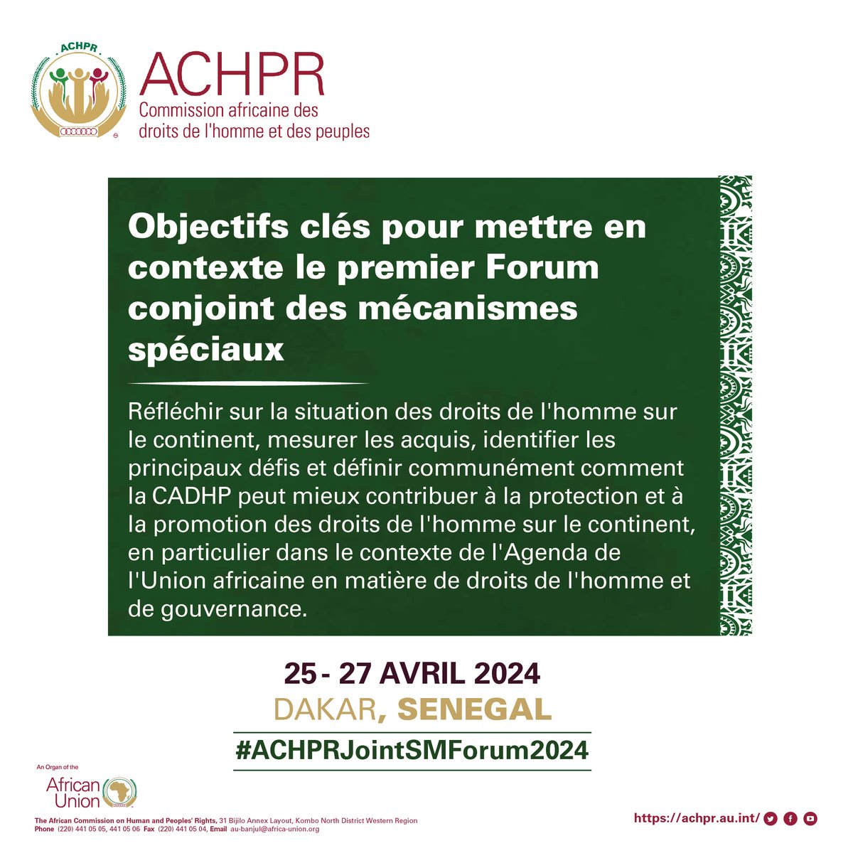 Le premier forum conjoint des mécanismes spéciaux de l'UE est le premier à avoir lieu. @achpr_cadhp se rapproche, voici quelques objectifs clés de cette importante réunion de haut niveau prévue du 25 au 27 avril 2024. #ACHPRJointSMForum2024