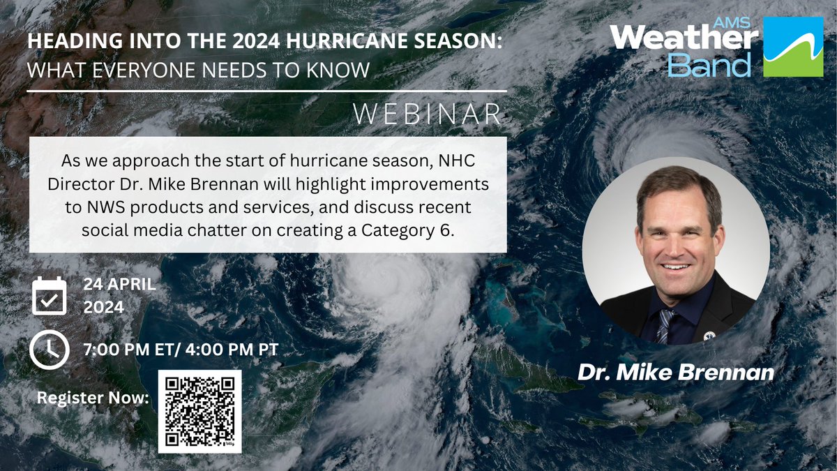 There's still time to register for tomorrow's (Wed, Apr. 24) @amswxband webinar at 7 pm EDT with NHC Director Dr. Michael Brennan! Join him as he talks about changes to @NWS hurricane products and preparing for the upcoming hurricane season. Register: us06web.zoom.us/webinar/regist…