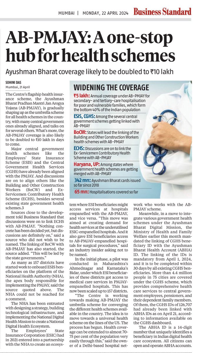 GOI likely to 🔼 #AyushmanBharat  PMJAY coverage to ₹10 L from ₹5L.
Also, CGHS, ESIS, ECHS- all #Health schemes gonna be subsumed under AB-PMJAY. 🩺🏥