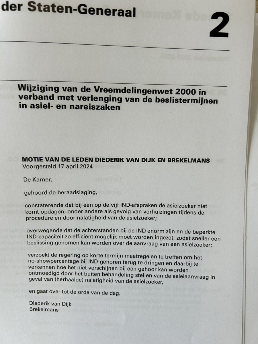 Bij maar liefst 20% van de IND-afspraken komt de asielzoeker niet opdagen. Bij de huidige, overbelaste asielketen is dat onaanvaardbaar. Samen met @rubenbrekelmans motie ingediend die regering maant tot maatregelen. Zojuist door Kamer aangenomen.