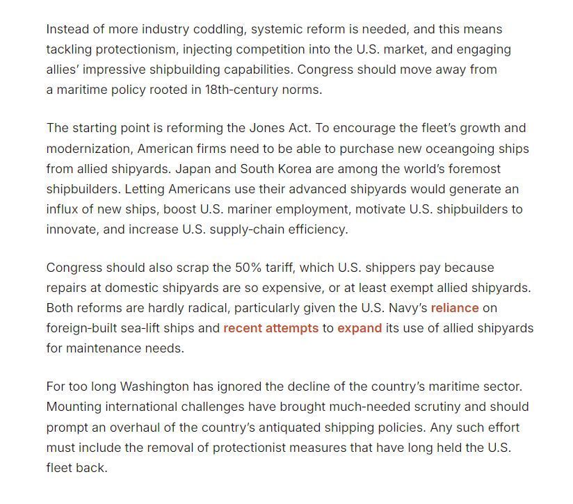 Policymakers are finally paying attention to the U.S. commercial fleet’s long-term decline. But for the most part they’ve ignored the sector’s heaviest policy anchor—protectionism. @cpgrabow & @scottlincicome write... cato.org/commentary/pro… #EndTheJonesAct