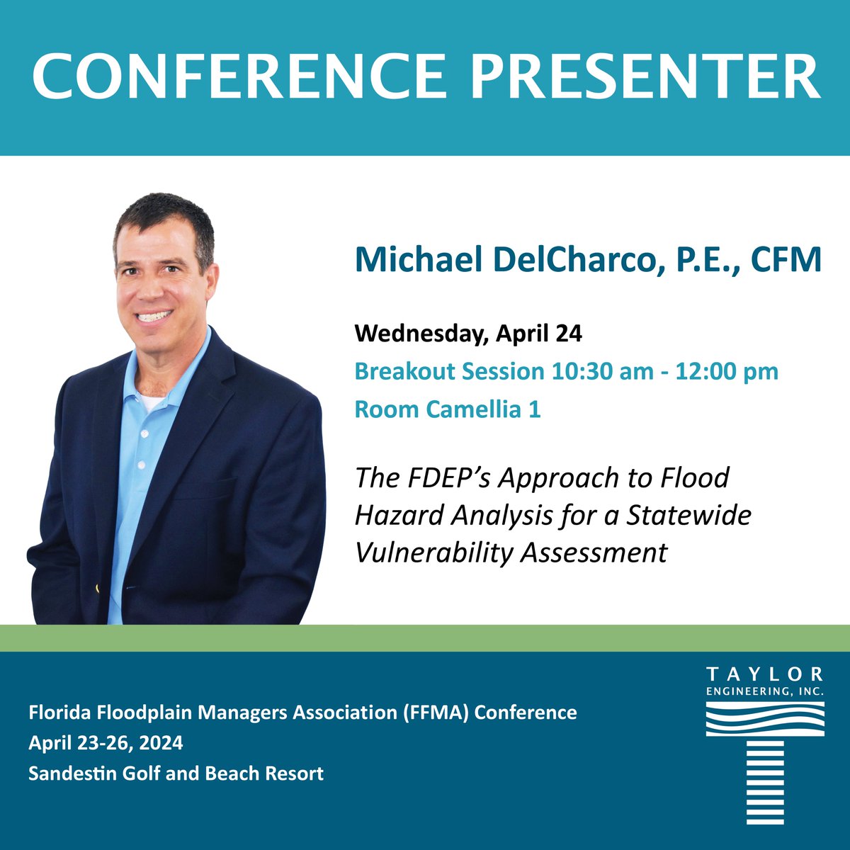 Tayloreng's tweet photo. Attending the Florida Floodplain Managers Association (FFMA) Conference this week? Taylor Engineering’s Michael J. DelCharco, P.E., CFM will be presenting tomorrow! #FFMA @FLfloods https://t.co/q6JHMLOHxd