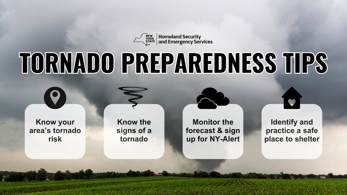 Today is Tornado Tuesday in Severe Weather Awareness Week! 🌪️ Don't get it twisted - tornadoes can develop anywhere on short notice. On a single day in August last year, 7 tornadoes touched down in NYS. Follow these safety tips so you’re prepared if a tornado happens near you.