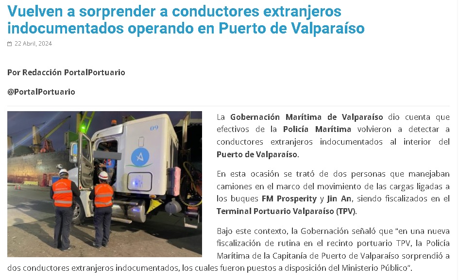 ¿Lo leíste en @PortalPortuario? Vuelven a sorprender a conductores extranjeros indocumentados operando en Puerto de Valparaíso En esta ocasión se trató de dos personas que manejaban camiones en el marco del movimiento de las cargas. Más➡️shorturl.at/gltE8 @Armada_Chile