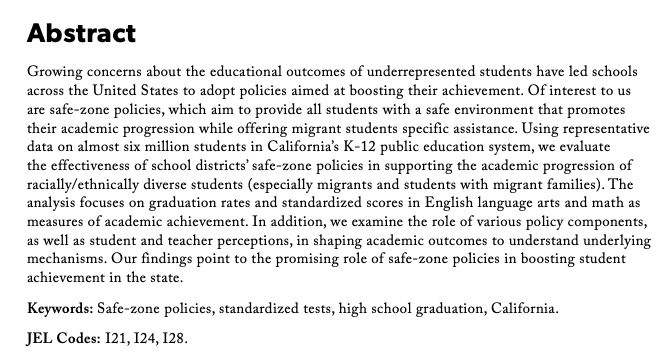 🚨New #Immigration research from @cgousu 📚Assessing the Role of Safe-Zone Policies in Promoting Academic Achievement: Evidence from California ✍️ @AmuedoDorantes & @jrbucheli