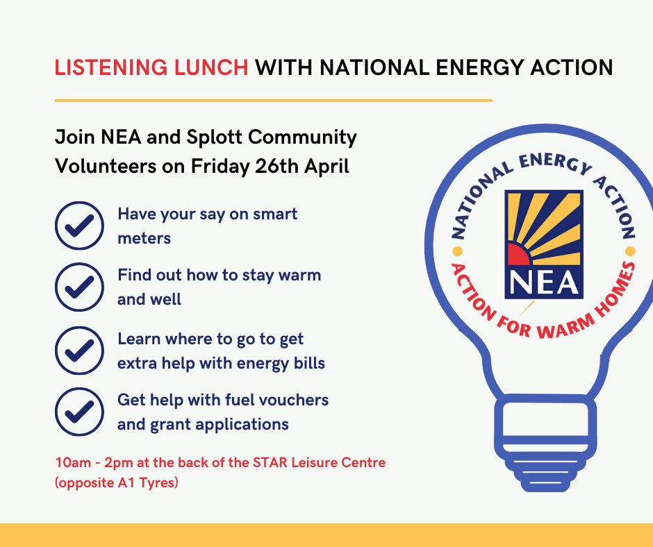 Join us this Friday from 10am - 2pm for a free lunch and to find out how National Energy Action can help you if you're struggling with energy bills or token meters. We also have free digital skills from 10am - 12pm. Two for the price of one (and a free lunch!). Bonza!