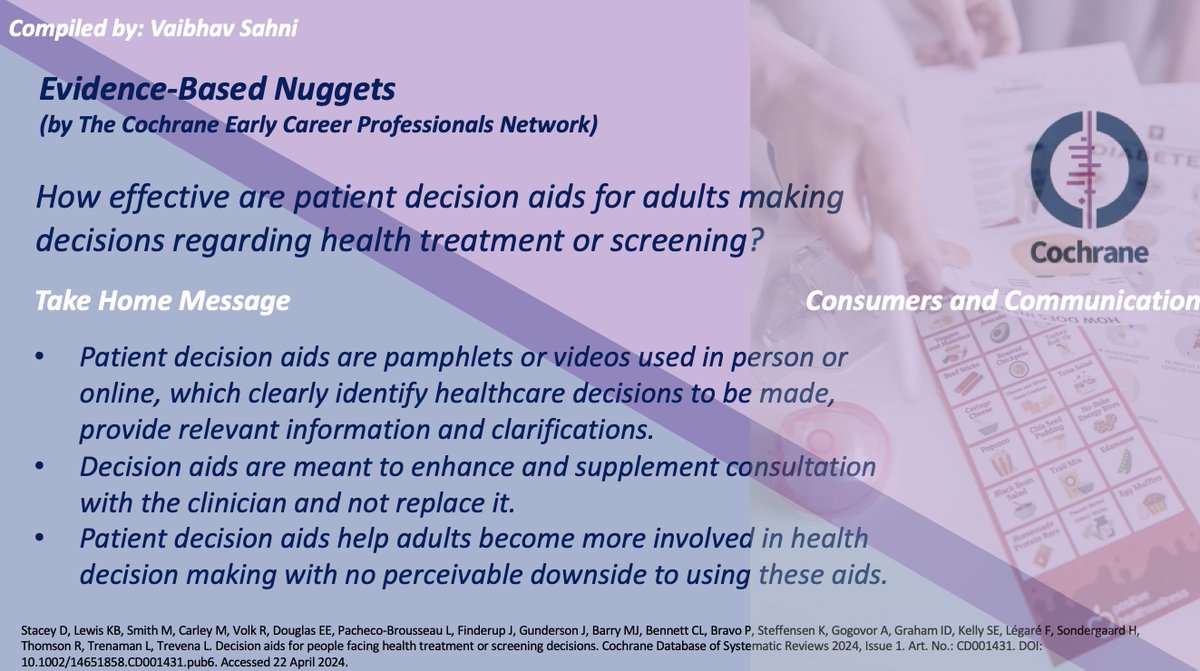 Next up in our #evidencebasednuggets series compiled by our ECP Vaibhav Sahni: How effective are patient decision aids for adult making decisions regarding health treatment or screening? @CochraneConsumr Full review available here: cochranelibrary.com/cdsr/doi/10.10…