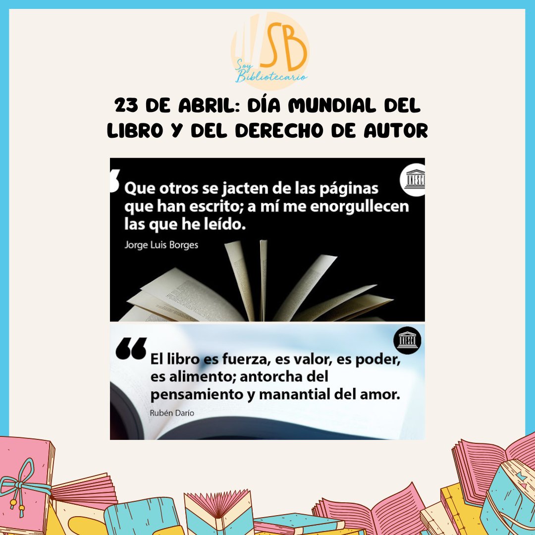 23 de abril: Día Mundial del Libro y del Derecho de Autor ➡️acortar.link/2suwL0 📚📚Se trata de una fecha para celebrar la importancia de la lectura, fomentar el crecimiento de los niños y niñas como lectores y promover el amor a la literatura. #DíaMundialDelLibro