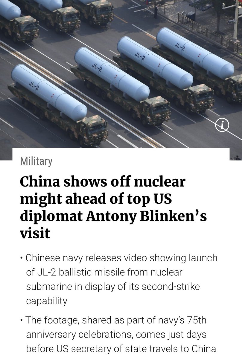 SCMP: China showed off its nuclear second-strike capability – the ability to hit back after an enemy launches an initial nuclear attack – just two days before US Secretary of State Antony Blinken’s visit to Beijing and Shanghai. johnsonwkchoi.com/2024/04/23/scm… tiktok.com/t/ZPRwjmpnK/