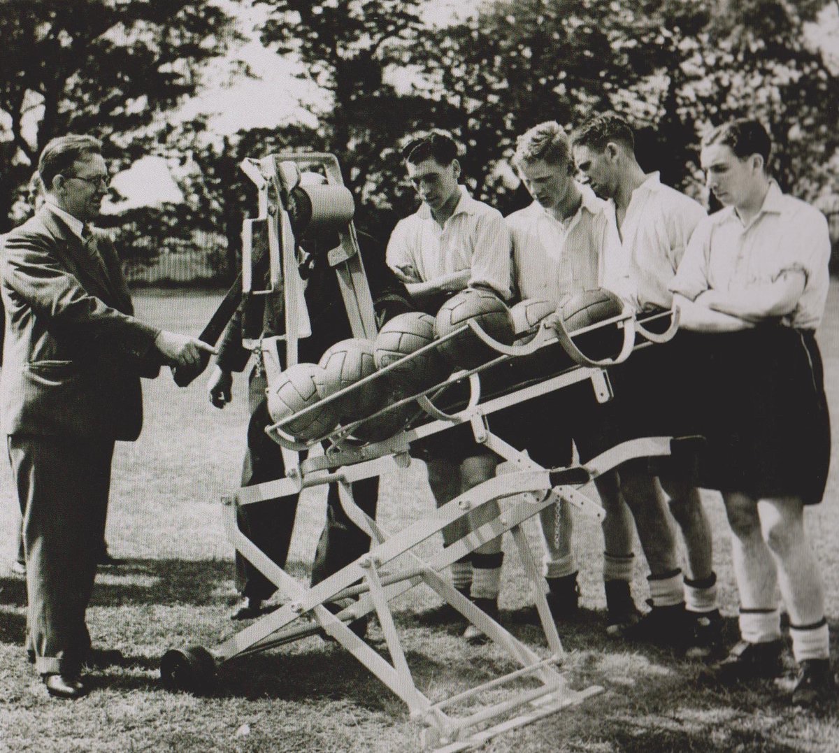 Major Frank Buckley during his time at Wolverhampton Wanderers with his automatic kicking machine taken in 1938, the same machine that he used later in his career at Leeds United.