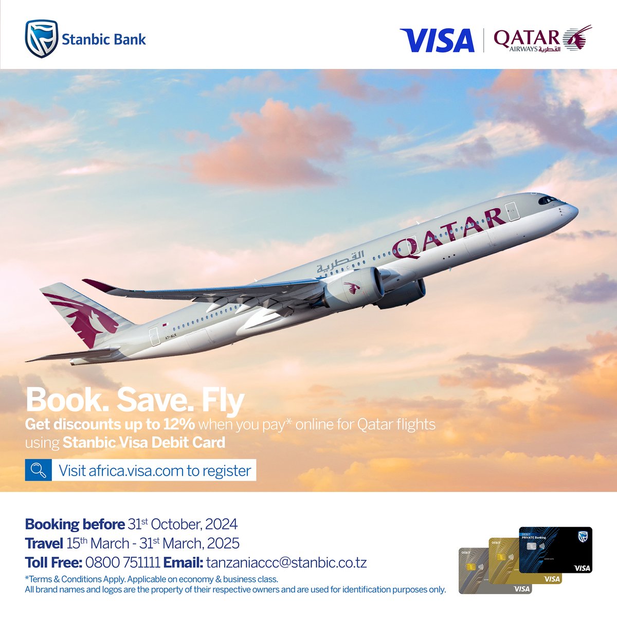 Discover new horizons with Qatar Airways and Visa. Save up to 12%* when you pay with your Stanbic Visa card. To enjoy this exclusive offer, visit africa.visa.com to register and receive the promo code to book your next trip. Terms and conditions apply. #PayWithVisa