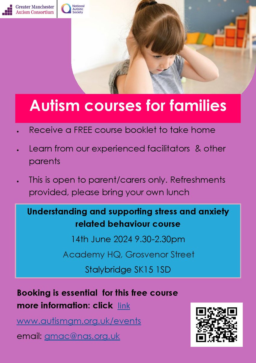 FREE Understanding stress and anxiety related behaviour course for parents/carers of autistic children. Book your place here: eventbrite.co.uk/e/tameside-und… #Tameside #GreaterManchester #Autism @TamesideCouncil @PennineCAMHS