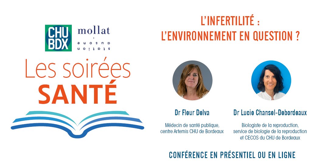 📖 Aujourd’hui, 06 mai, à 18h, assistez à la Soirée Santé autour du thème 'L'infertilité : L'environnement en question ?' avec le Dr Fleur Delva et le Dr Lucie Chansel-Debordeaux. En partenariat avec le @CHUBordeaux 📍 Rendez-vous à la Station Ausone