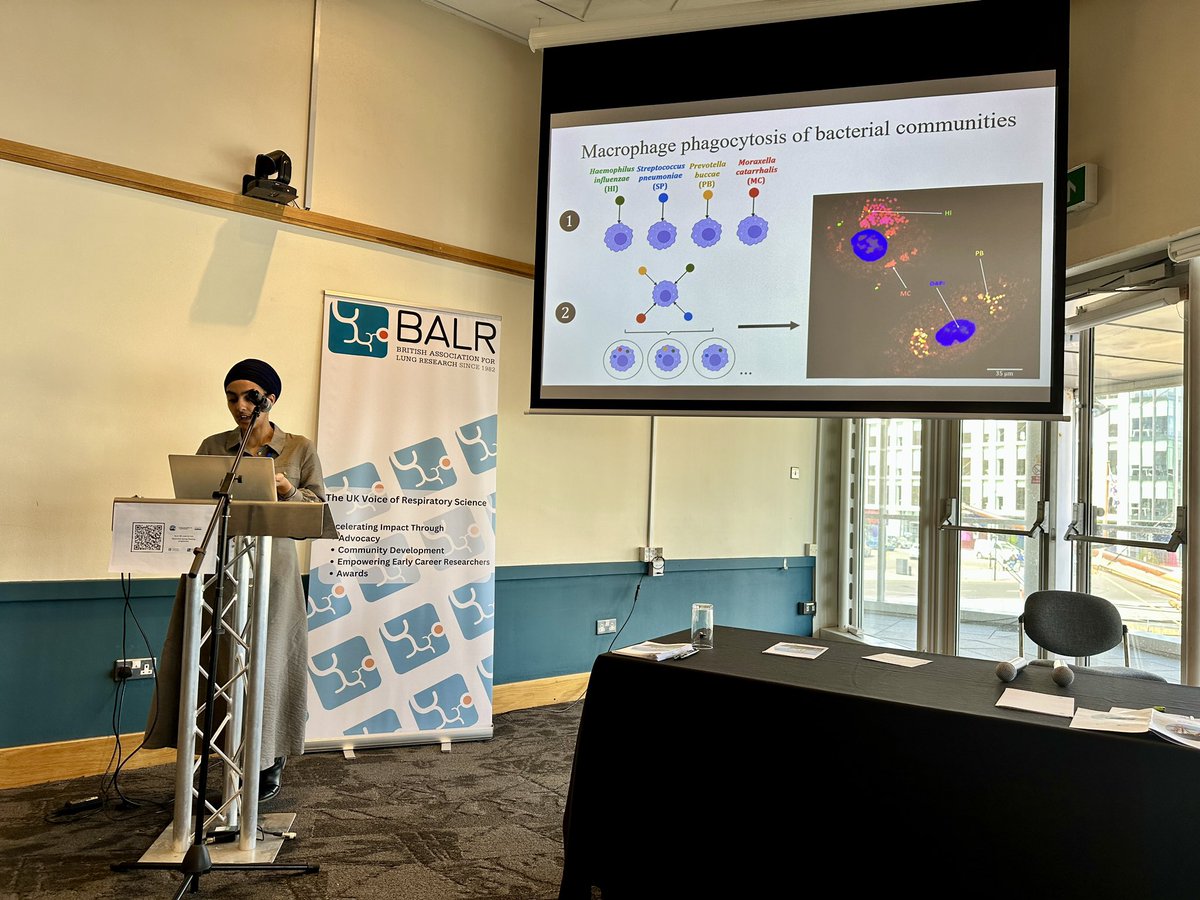 The next speaker in the @BALRcommunity postgrad researcher competition is Karanjot Sandhu @unibirmingham sharing her work about selective phagocytosis by MDMs of bacterial communities compared to single strains.