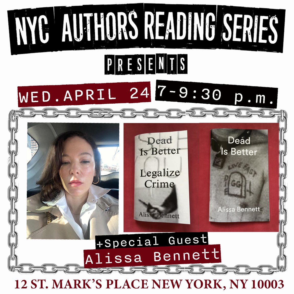 📢Special Guest! Alissa Bennett (writer Dead Is Better/ co-host C-Word podcast w Lena Dunham) joining us on Wednesday 4/24 #VillageWorksnyc Cu there! Reading by: @motelsiren @TheWinsomeBrown Meg Yates & #AlissaBennett Hosted by: @mikedolanny #NYC #writers @TheCleggAgency