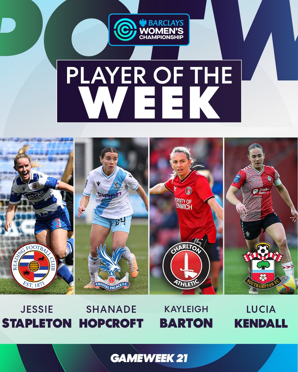 The nominees for #BarclaysWC Player of the Week are in!

🌟 @JessStapleton_
🌟 @shanadehopcroft 
🌟 Kayleigh Barton
🌟 @luciakendall14