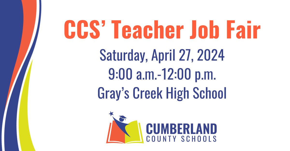 🍎 Explore exciting opportunities at CCS' Teacher Job Fair on Saturday, April 27, at Gray's Creek High from 9 a.m. to 12 p.m.! Learn how you can join us and become part of Team CCS at tinyurl.com/53fuxwej.