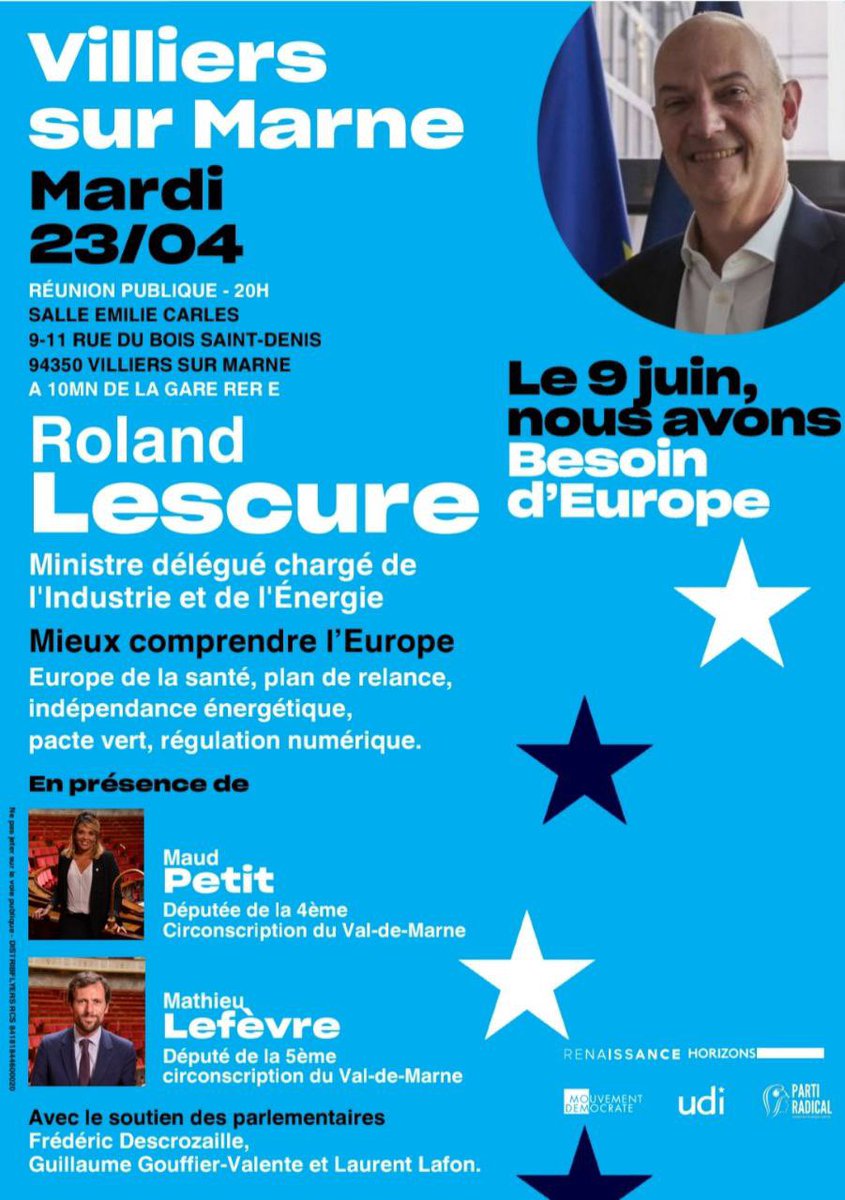 🇪🇺🇫🇷 A ce soir à Villiers sur Marne avec @MaudPetit_AN94 et @RolandLescure ! #BesoinDEurope