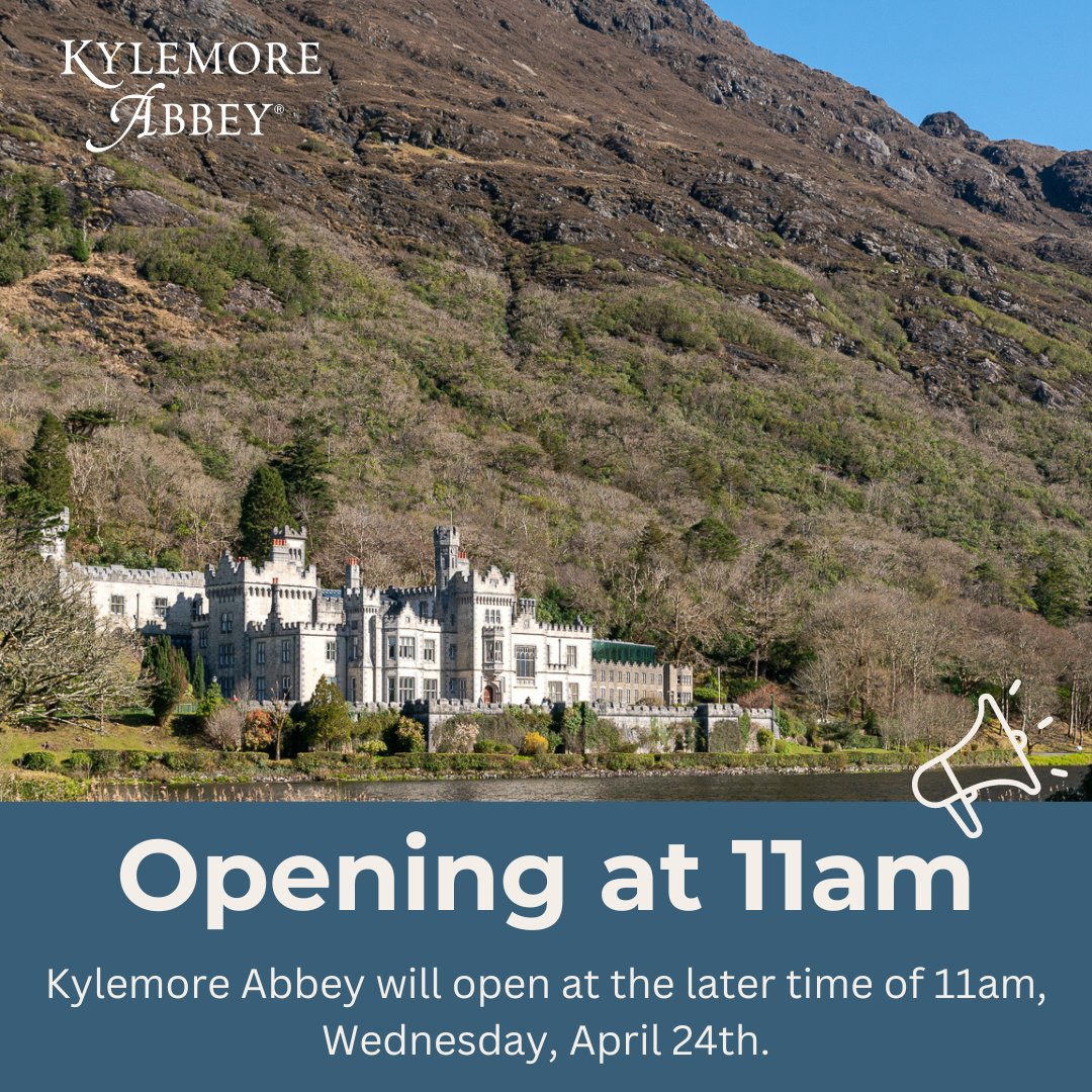 📣Due to a scheduled power interruption, Kylemore Abbey will open at the later time of 11am tomorrow, Wednesday, April 24th📣 We apologise for any inconvenience caused and thank you for your understanding.

#KylemoreAbbey #LateOpening #ImportantNotice