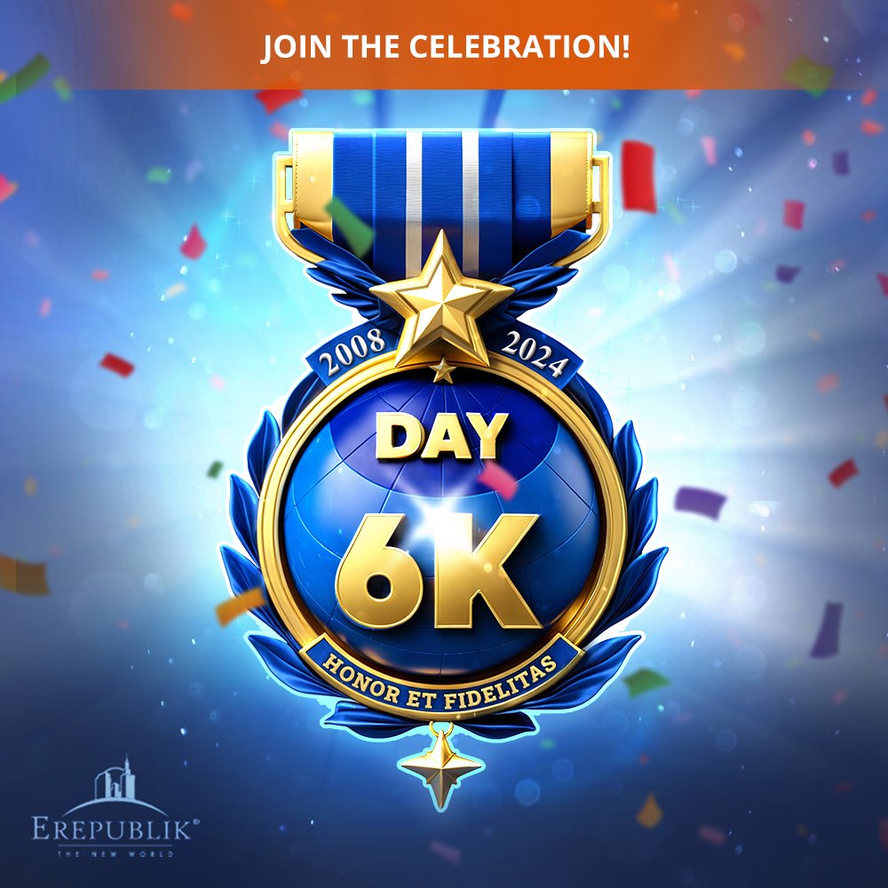 erepublik's tweet photo. 🎊Today marks  𝟲𝟬𝟬𝟬 𝗱𝗮𝘆𝘀 𝘀𝗶𝗻𝗰𝗲 𝘁𝗵𝗲 𝗱𝗮𝘄𝗻 𝗼𝗳 𝗲𝗥𝗲𝗽𝘂𝗯𝗹𝗶𝗸 🌟
A big thank you to all our citizens for your dedication and for making eRepublik what it is today.  Here's to continuing our journey together! 🥂🌍 https://t.co/esFBOoGk0z