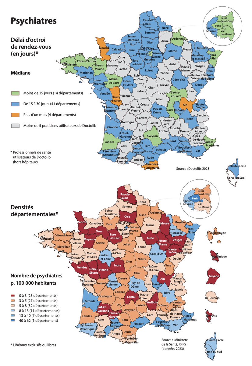 <a href="/doctolib/">Doctolib</a> <a href="/DrJohnFa/">DrJohn 🐊 Stop Postillons ! 🐊 No #FakeMed 🐊</a> <a href="/LeCollegeMG/">Collège de la Médecine Générale</a> <a href="/AnnaBoctor/">Anna B</a> <a href="/lescdf/">Les Chirurgiens-Dentistes de France</a> <a href="/E_Bleuzen/">Eléonore Bleuzen-Her</a> <a href="/Coll_SageFemme/">Collège Sages-Femmes</a> <a href="/GuillaumeRALL/">Guillaume RALL</a> <a href="/SNMKR1/">SNMKR</a> <a href="/iledefrance/">Région Île-de-France</a> @CNCFCardio <a href="/SN_Cardiologues/">Syndicat National des Cardiologues (SNC)</a> <a href="/Thierry_Bour/">Thierry BOUR</a> <a href="/snof_org/">SNOF</a> 🩺 Les psychiatres libéraux constituent la profession qui présente les délais les plus homogènes entre les départements. Ils sont stables depuis 2021, avec un délai médian d’octroi d’un rendez-vous à 16 jours.

jean-jaures.org/publication/ca…