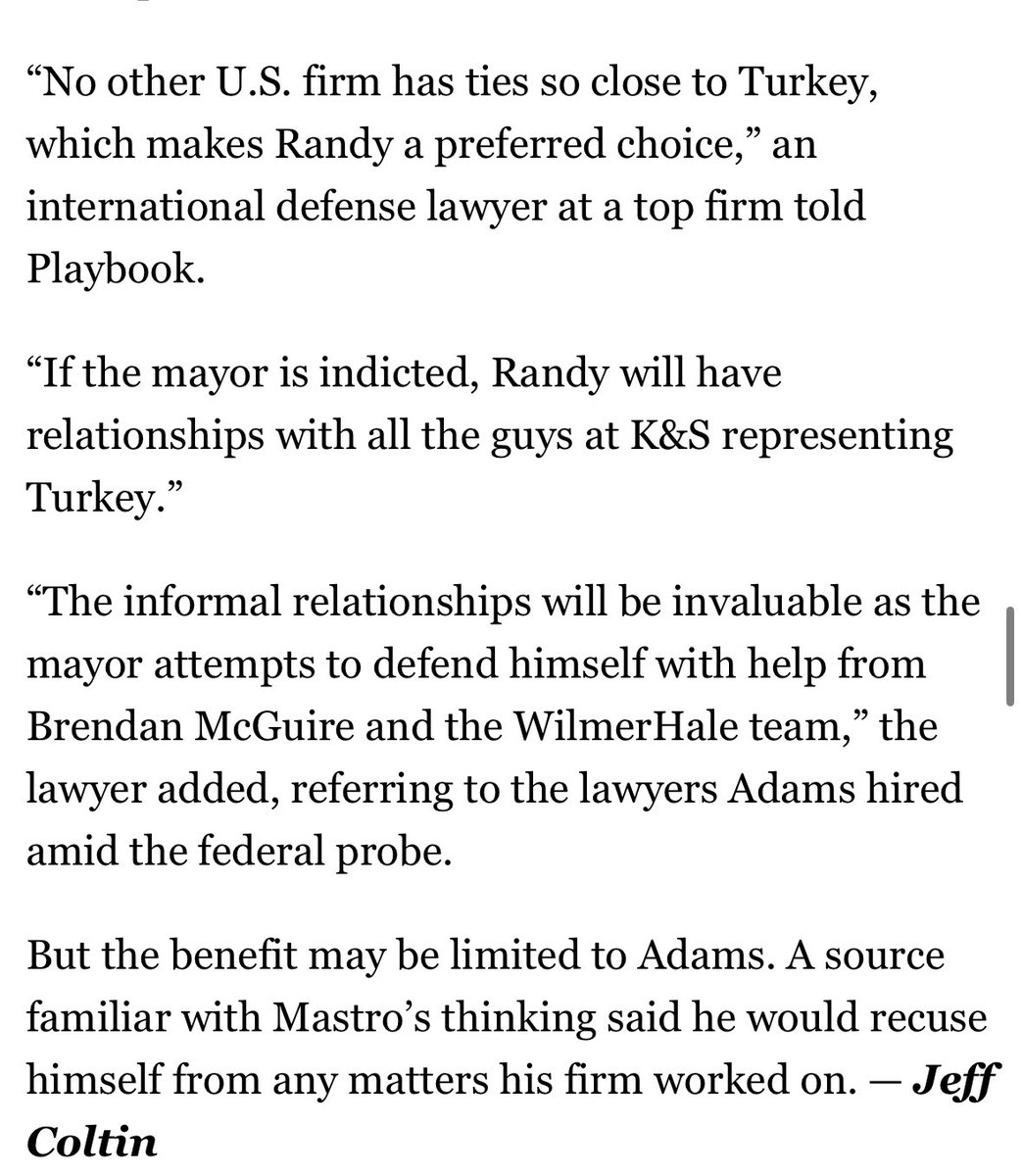 Adams’ pick for corp counsel, Randy Mastro, works at King & Spalding — which represents the Turkish government. That could help the mayor, *if* he’s appointed and *if* this federal investigation goes a specific way. So Mastro may recuse. First in Playbook: politico.com/newsletters/ne…