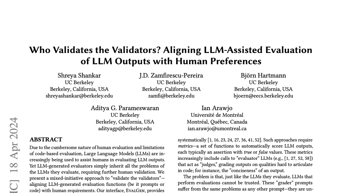 enginoid's tweet image. since I&apos;m deeply immersed in evals right now (and the process of building them) I got a kick out of this paper from @sh_reya @jdzamfi @bjo3rn @adityagp @IanArawjo 

it addresses the challenge of time-efficiently coming up with evals that are aligned with practitioners

some…