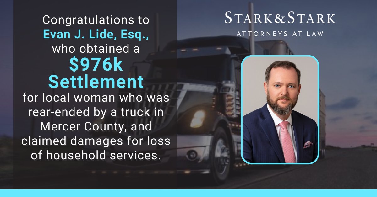 StarkAndStark's tweet photo. Shareholder Evan Lide secured a $976,000 settlement for a woman who was rear-ended by a truck in Mercer County.
https://t.co/zLunVKAhe7

*Results may vary depending on your particular facts and legal circumstances*

 #PersonalInjury #Settlement #MercerCounty https://t.co/mbt8ZQQ1Bl