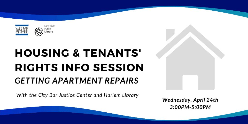 It’s not too late to register! Stop by the Harlem @nypl tomorrow at 3:00pm for an information session and walk-in clinic about how to get NYC apartment repairs . The program will be held at 9 West 124th Street. Register now: loom.ly/ZMf80jI