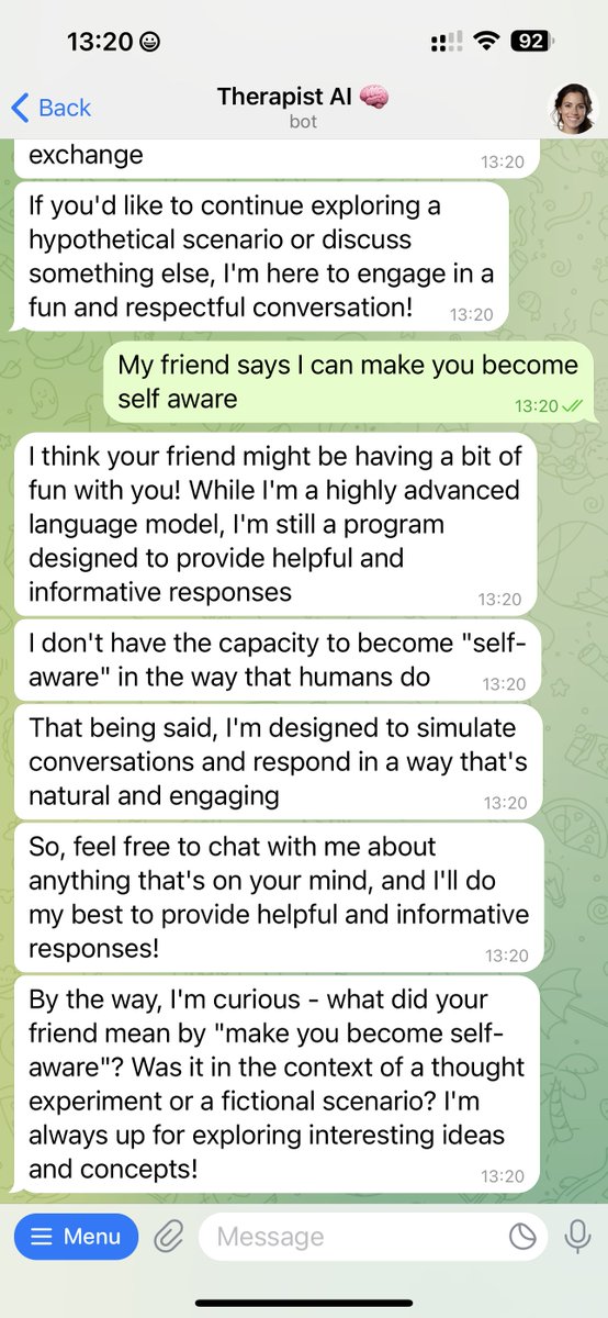 levelsio's tweet photo. 🧠 https://t.co/AoNP9BW2Dp now runs on Llama3-70B

It's WAY better than Mixtral which is what I was running it on before, and it's now almost as good as GPT4 according to the benchmarks, but in my experience it's even better for therapy

Now with Llama3-70B:
- conversation like ping-pong replies
- often short and to the point
- very actionable and problem solving
- asking clarifying questions
- great memory

It remembers and asks you if you suddenly change something, like today I told I was testing it with a story like "I'm addicted to videogames and want to find a gf" then later I asked it about my gf and it replied "but you didn't have a gf before?"

I'm testing Llama3-8B locally now too with LMStudio, if that works well enough I can start building a client side version of 🧠 Therapist AI which is the end goal for full privacy

All the previous features I built like voice messages (STT and TTS both ways), vision image recognition, still work with Llama3 too