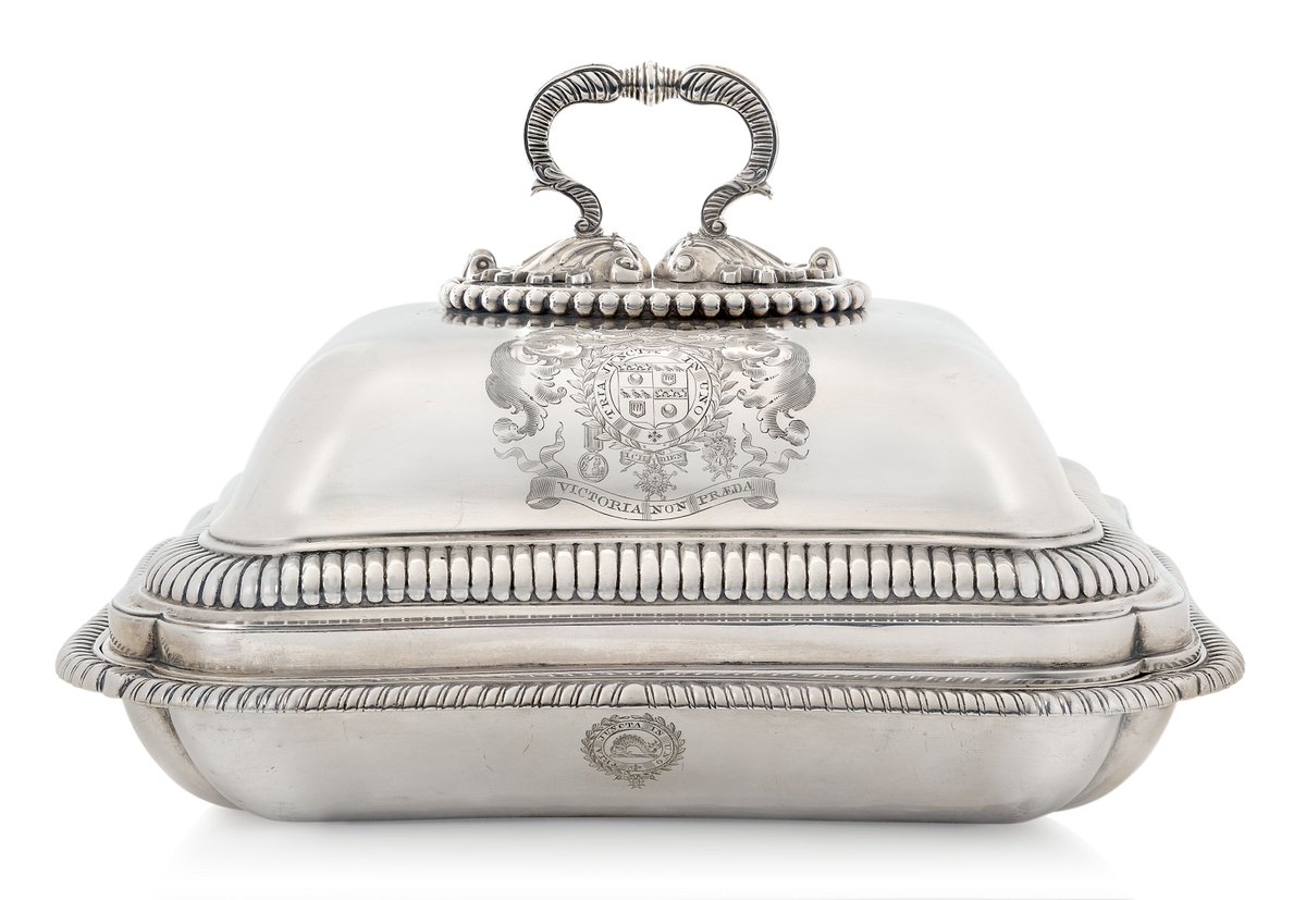 CharlesMillerLt's tweet photo. Captain Philip Durham commanded H.M.S. Defiance at the Battle of Trafalgar &amp; probably bought this entrée dish with the Trafalgar prize money. Sold today for £5,625 #quidsin #prizemoney #auction #battleoftrafalgar #auctionhouse #maritimehistory #royalnavy #bidding https://t.co/e9WldbUCbP