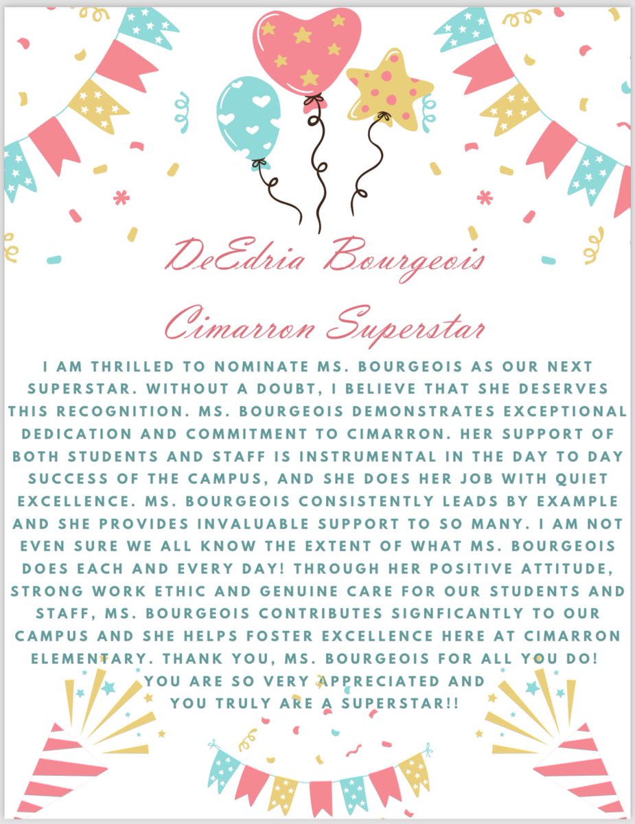 CimarronElem's tweet photo. Congratulations to Ms. DeEdria Bourgeois, this weekβs Cimarron SuperStar Staff Member! Ms. Bourgeois was nominated by Ms. Stout, and will hold the SuperStar trophy π this week! ππππππ
#cecheetahs #itsalwayssunnyand70atcimarron #readyforthenextphase #newmoonisrising https://t.co/TEXTrc1KnT