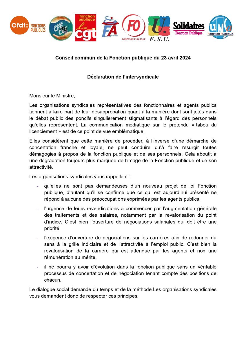 Déclaration liminaire de l'intersyndicale #fonctionpublique en ouverture du CCFP du 23 Avril: