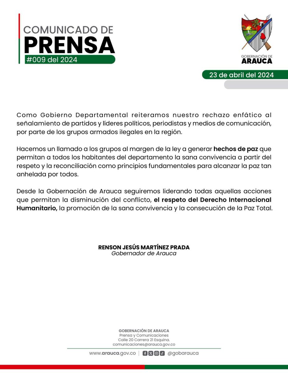 MartinezPRenson's tweet photo. Rechazo total a los señalamientos de grupos al margen de la ley en contra de Periodistas, Medios de Comunicación, Líderes y Partidos Políticos de nuestro Departamento, necesitamos verdaderas acciones de paz, no más violencia. @petrogustavo @ComisionadoPaz https://t.co/aSxsiG3gNd