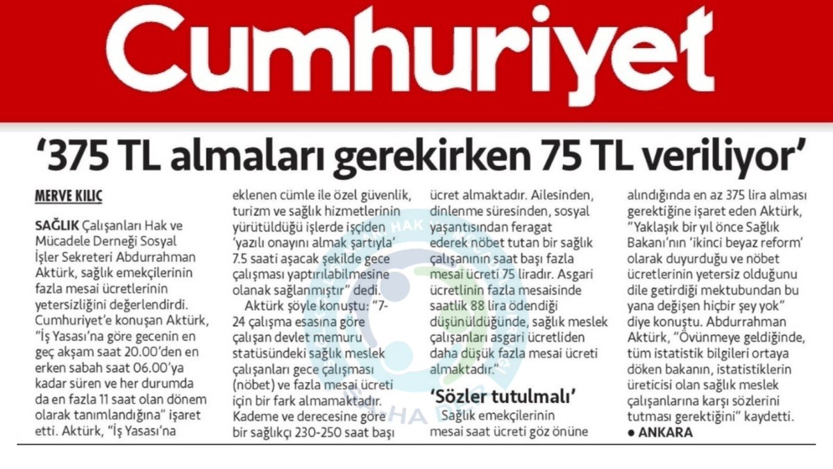 Abdurrahman Aktürk Cumhuriyet'e konuştu: ‘375 TL almaları gerekirken 75 TL veriliyor’ Kabul etmiyoruz. Alın terimiz değersiz değil. @SaHaDernegi @drfahrettinkoca @muhabirmerveklc @cumhuriyetgzt cumhuriyet.com.tr/saglik/375-tl-…