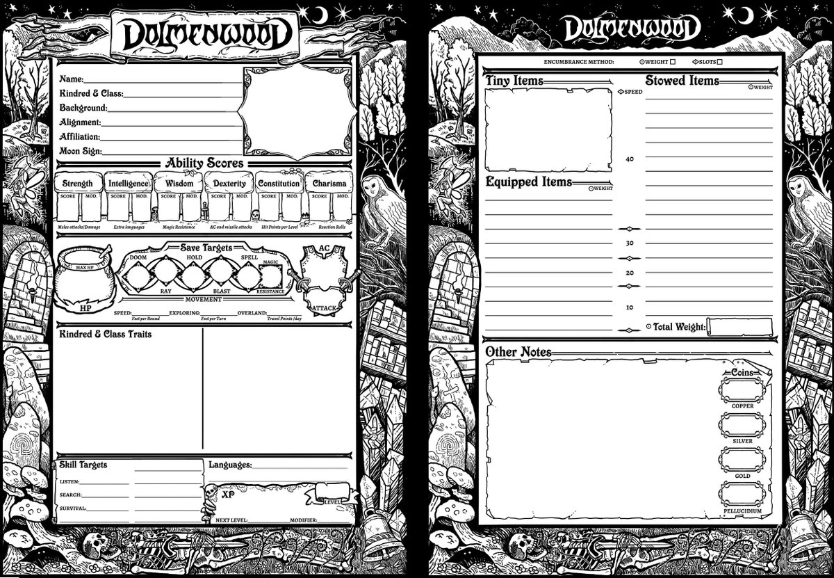 So stoked to have illustrated this character sheet for @NecroticGnome 's Dolmenwood. dolmenwood.com Sketch and details in the next tweet 👇