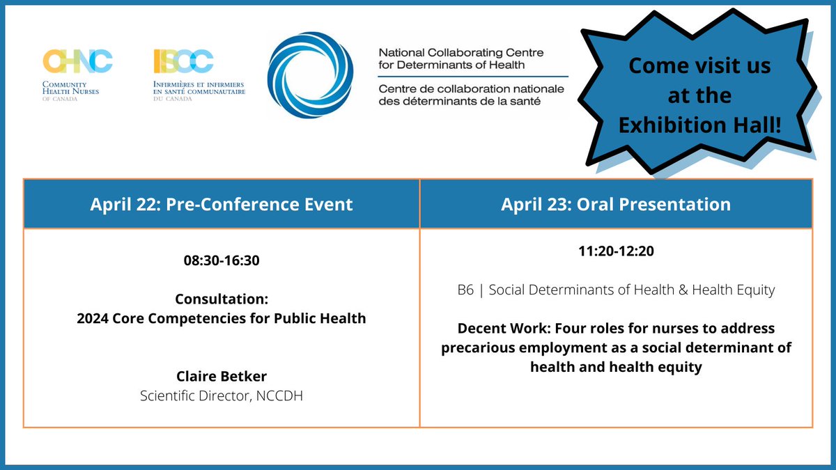 Are you at #CHNC2024? We look forward to seeing you in person. Come visit us at our booth and join our presentation today from 11:20 - 12:20 to learn how nurses can advocate for decent work in Canada. Check out the related resources 👉 nccdh.ca/resources/type…