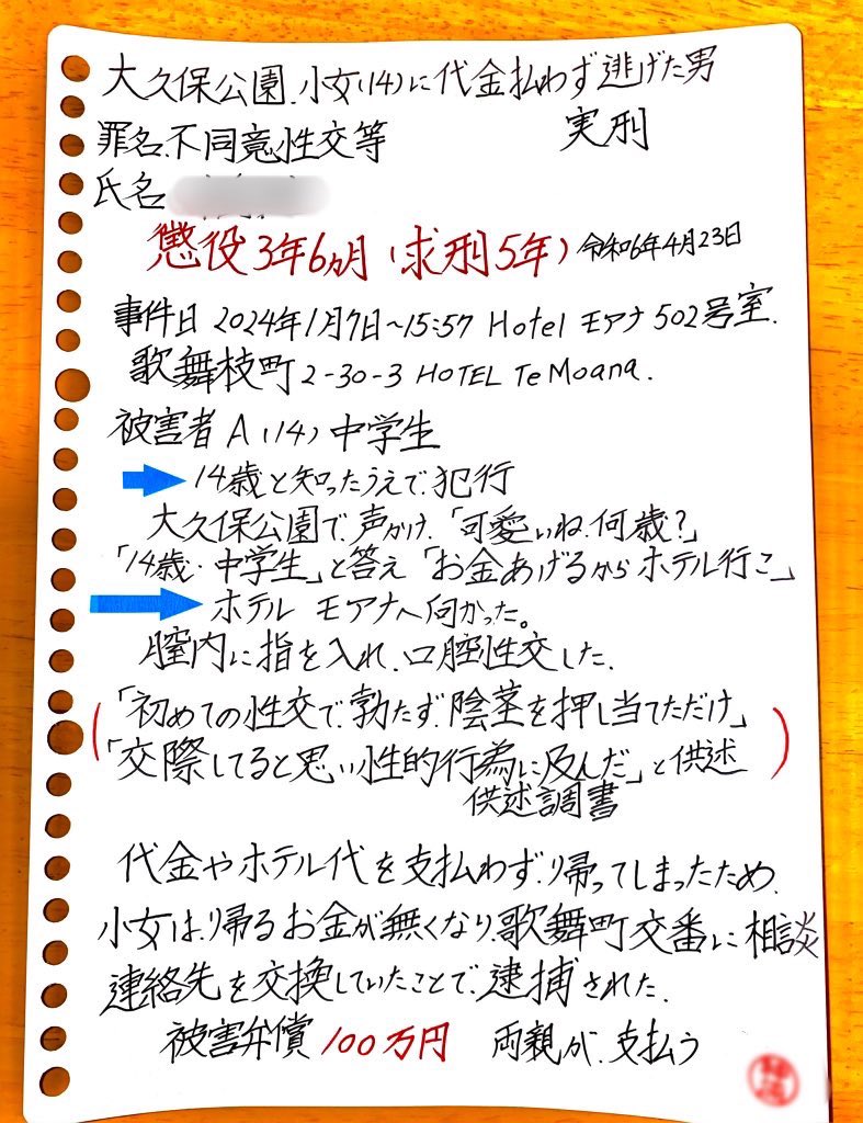 大久保公園で少女(14)にホテル代すら支払わずヤリ逃げした男 懲役3年6か月の実刑（求刑5年）。交縁で出会ったばかりの児童と「付き合ってた」と言い張れば、罪が無くなると思ったのか