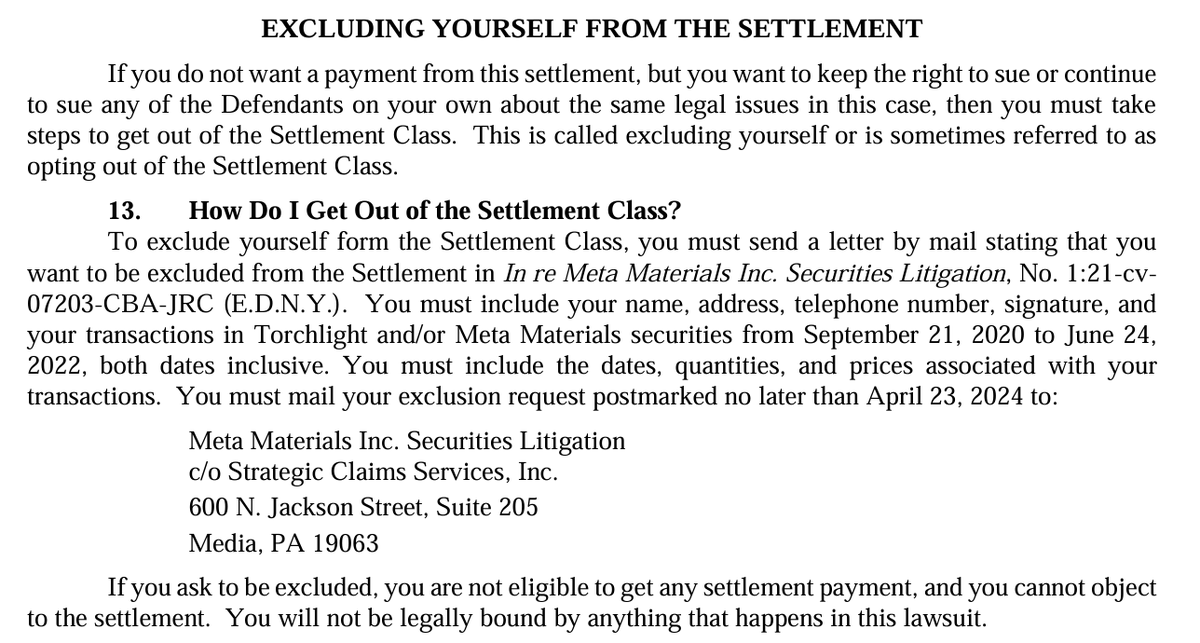 #MMTLP505 #MMTLPARMY #MMTLP

To exclude yourself from the class action, you can use this template to complete and send a letter by TODAY (4/23/24) to opt out of the class action.

Dear Sir/Madam,

I am writing to ask for exclusion from the Settlement in In re Meta Materials Inc.